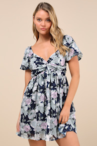 Fresh Florals Navy Floral Print Puff Sleeve Mini Dress