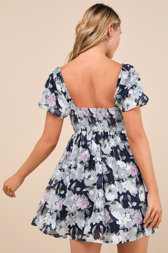 Lulus Fresh Florals Navy Floral Print Puff Sleeve Mini Dress In Navy