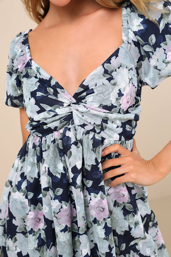 Lulus Fresh Florals Navy Floral Print Puff Sleeve Mini Dress In Navy