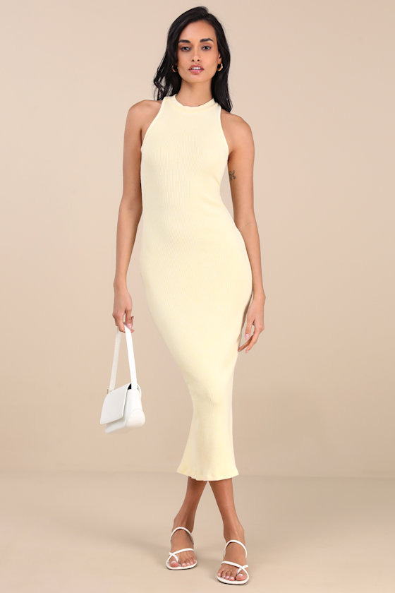 Lulus Essentially Sweet Light Yellow Ribbed Sleeveless Midi Dress In Light Yellow