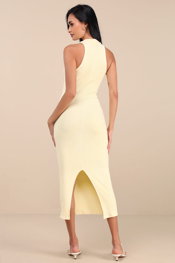 Lulus Essentially Sweet Light Yellow Ribbed Sleeveless Midi Dress In Light Yellow