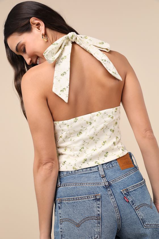 Lulus Jacquelle Cream Floral Embroidered Halter Vest Top In White