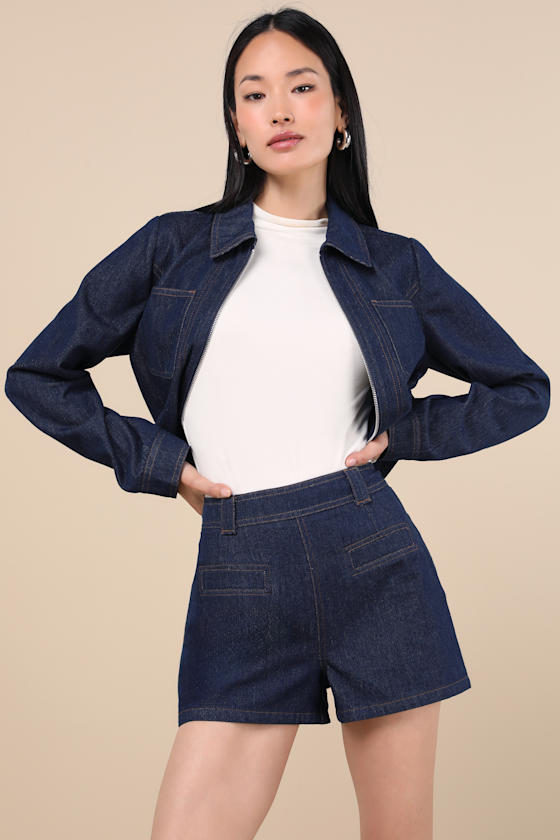 Lulus Isidore Dark Wash Collared Chore Jacket In Blue