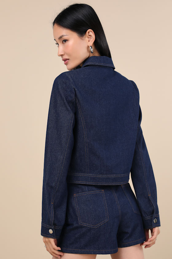 Lulus Isidore Dark Wash Collared Chore Jacket In Blue
