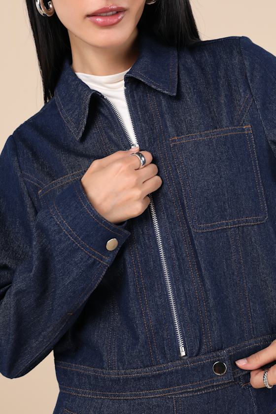 Lulus Isidore Dark Wash Collared Chore Jacket In Blue