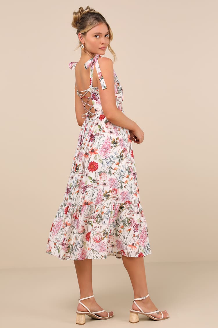 Ivory Floral Midi Dress - Lace-Up Midi Dress - Tie-Strap Dress