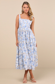 Colwyn Blue Floral Basque Waist Bustier Midi Skirt