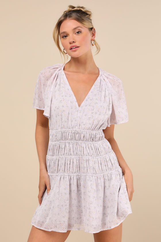 Lulus Chrislyn Light Lavender Floral Flutter Sleeve Mini Dress In Purple