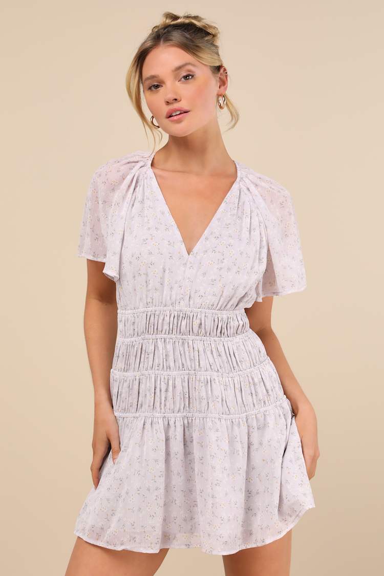 Lavender Floral Dress - Flutter Sleeve Dress - Drop Waist Dress - Lulus