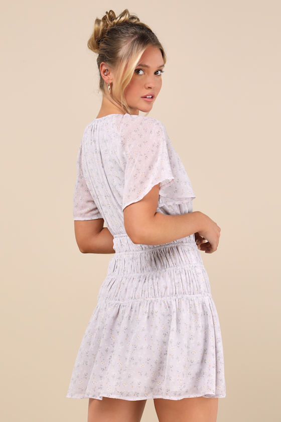 Lavender Floral Dress - Flutter Sleeve Dress - Drop Waist