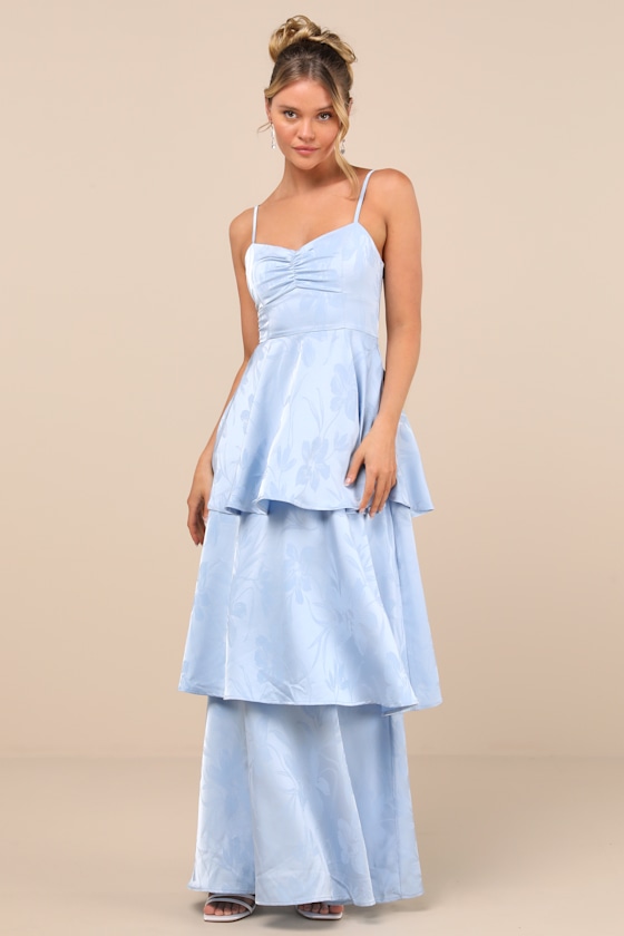 Image of Prigette Light Blue Jacquard Tiered Maxi Dress
