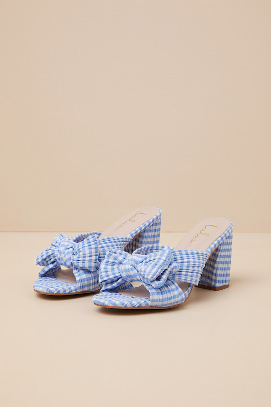 Lulus Dorothea Gingham Blue Knotted High Heel Sandals In Blue