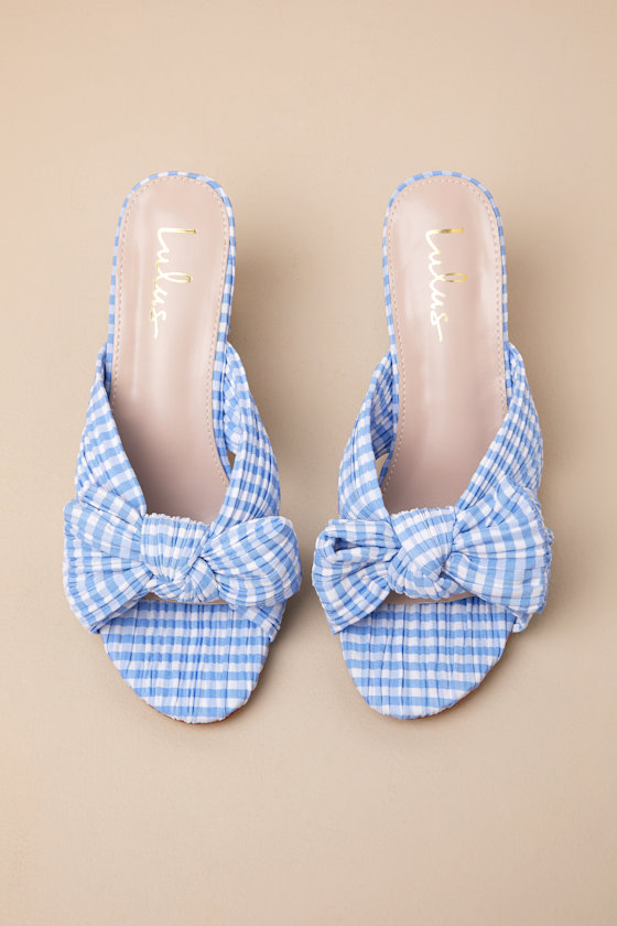 Lulus Dorothea Gingham Blue Knotted High Heel Sandals In Blue