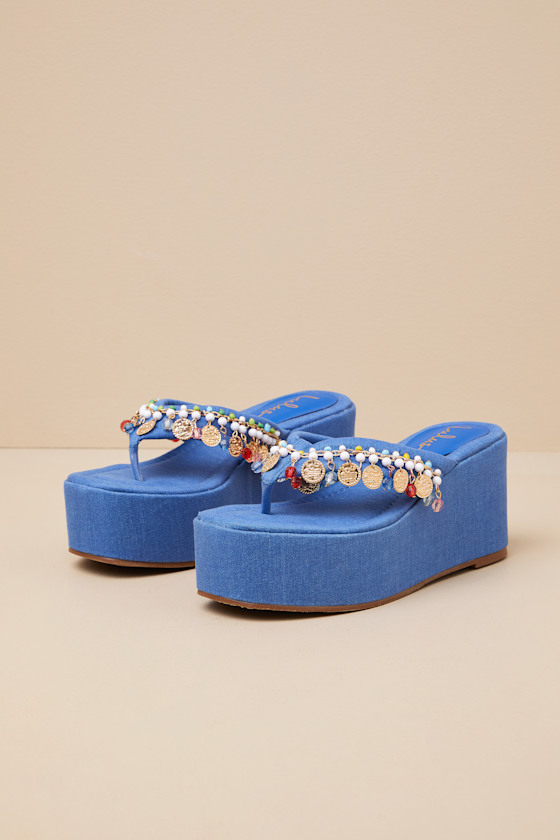 Lulus Tassilo Denim Embellished Flatform Thong Sandals In Blue
