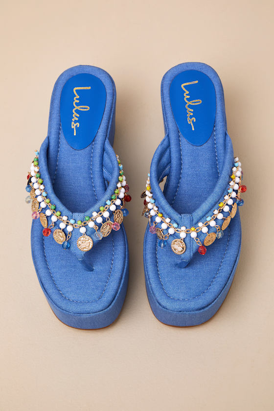 Lulus Tassilo Denim Embellished Flatform Thong Sandals In Blue