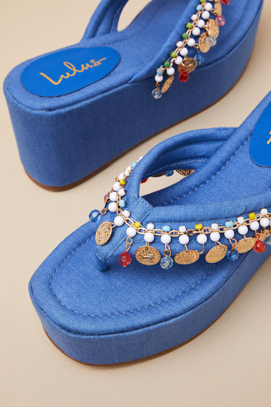 Lulus Tassilo Denim Embellished Flatform Thong Sandals In Blue