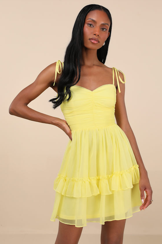 Lulus Angelic Approach Yellow Chiffon Ruffled Tie-strap Mini Dress In Yellow