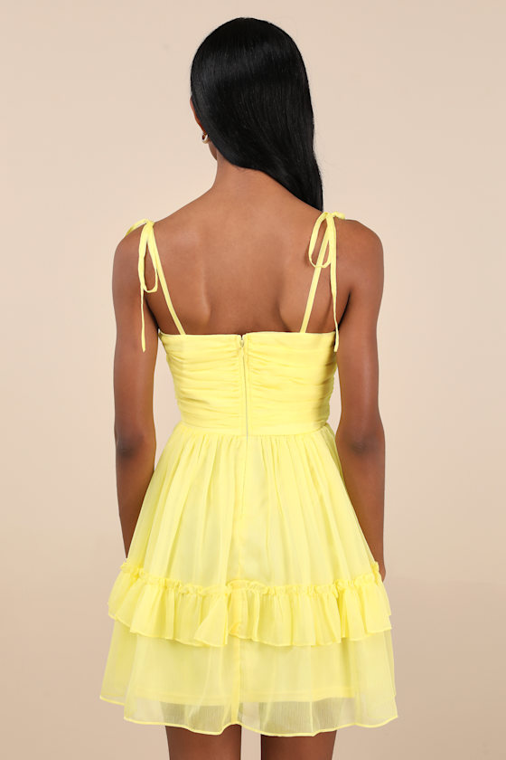 Lulus Angelic Approach Yellow Chiffon Ruffled Tie-strap Mini Dress In Yellow