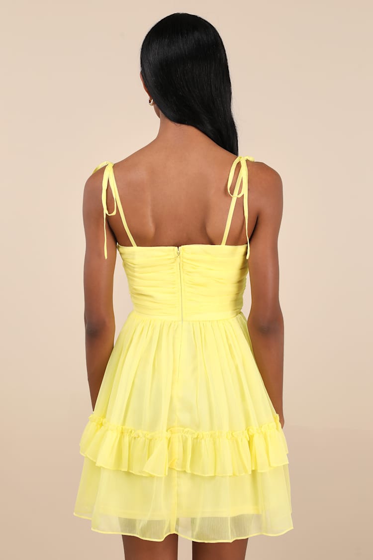 Angelic Approach Yellow Chiffon Ruffled Tie-Strap Mini Dress