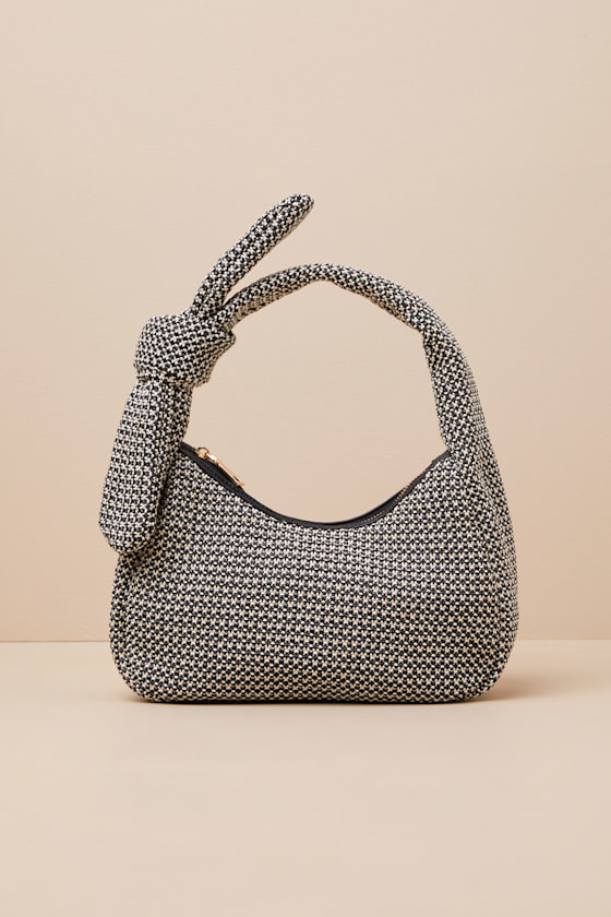 Lulus Caylana Black And White Woven Knotted Handbag In Black And White