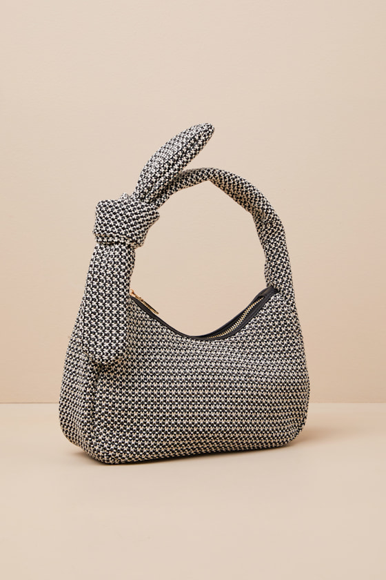 Lulus Caylana Black And White Woven Knotted Handbag In Black And White