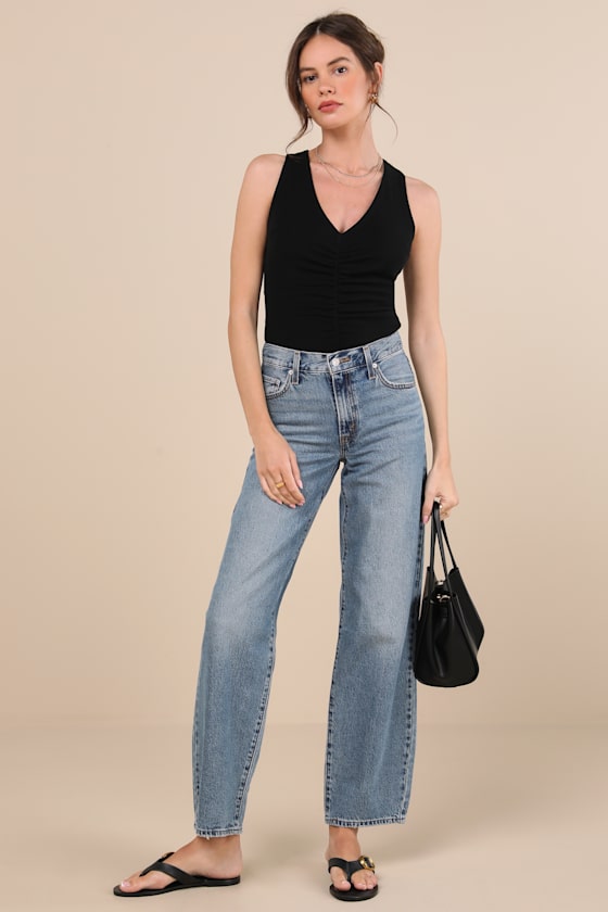Lulus Kosta Black Ruched Jersey Knit Tank Top In Black