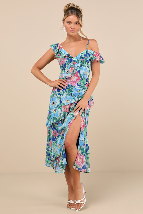 Lulus Cosima Blue Floral Asymmetrical Midi Dress In Blue