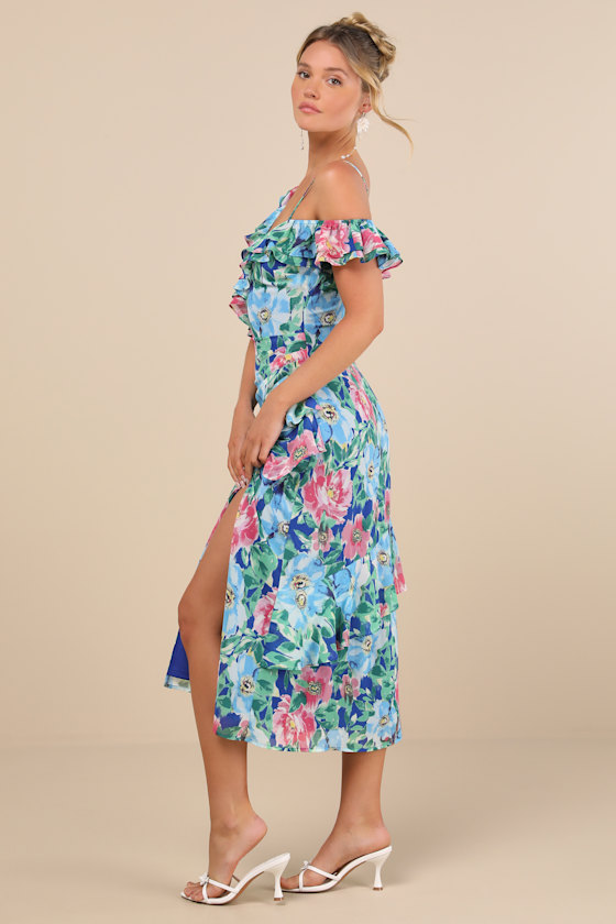 Lulus Cosima Blue Floral Asymmetrical Midi Dress In Blue