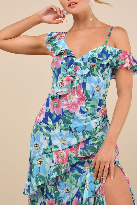 Lulus Cosima Blue Floral Asymmetrical Midi Dress In Blue