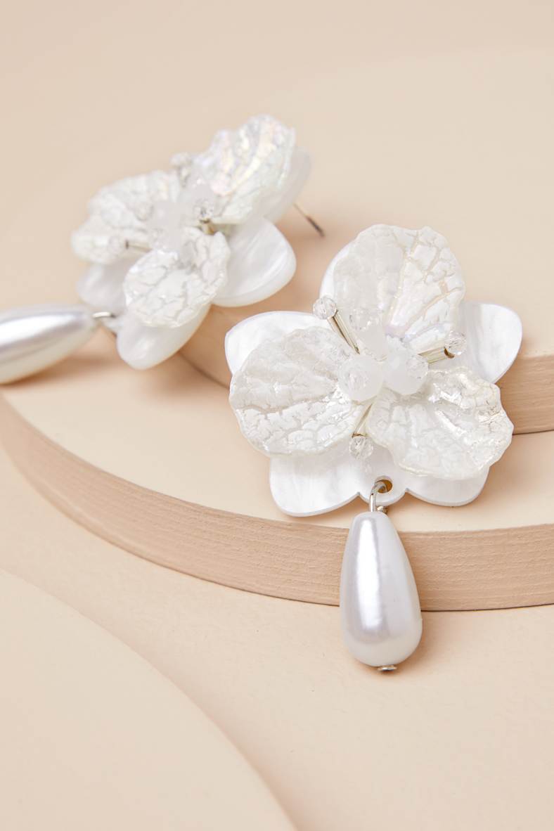 Elaborate Addition White Pearl Flower Statement Earrings