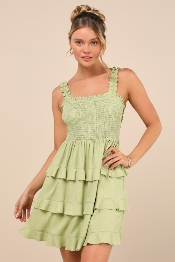 Lulus Super Sweet Lime Green Smocked Ruffled Tie-back Mini Dress In Green
