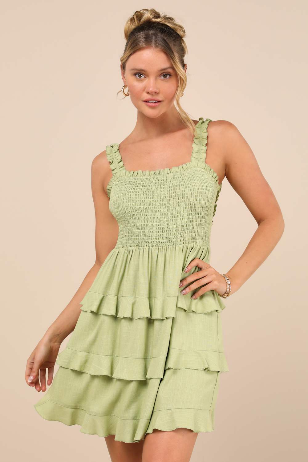 Super Sweet Lime Green Smocked Ruffled Tie-Back Mini Dress