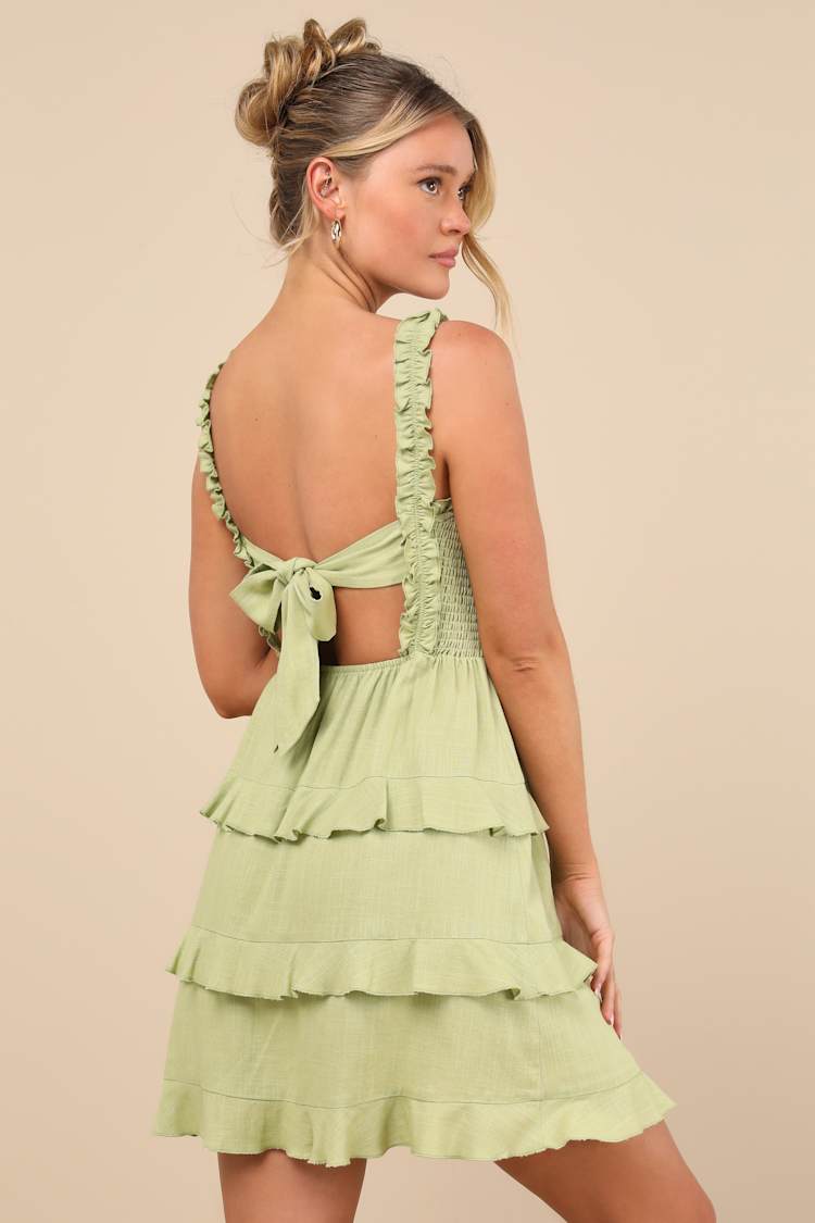 Super Sweet Lime Green Smocked Ruffled Tie-Back Mini Dress