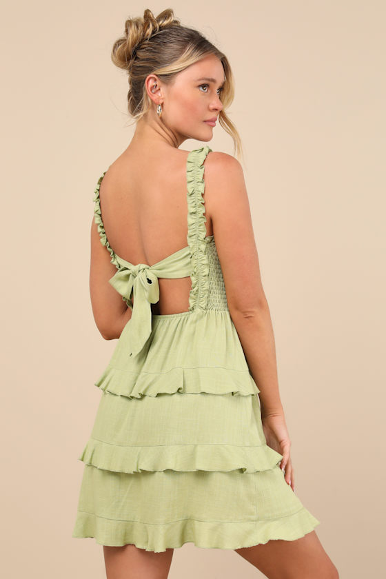 Super Sweet Lime Green Smocked Ruffled Tie-Back Mini Dress 2