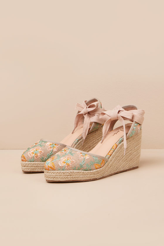 Lulus Elsinore Raffia Embroidered Lace-up Espadrilles Wedges In Beige