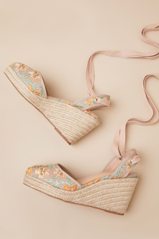 Lulus Elsinore Raffia Embroidered Lace-up Espadrilles Wedges In Beige