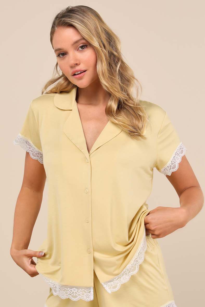 Snuggly Love Yellow Short Sleeve Lace Two-Piece Pajama Set