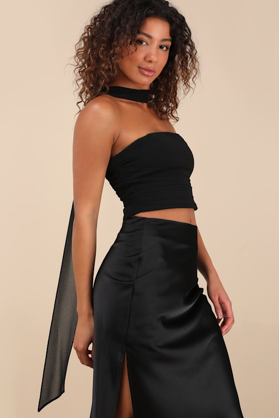 Lulus Marlette Black Strapless Crop Top And Scarf Set