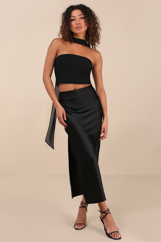 Lulus Marlette Black Strapless Crop Top And Scarf Set In Black