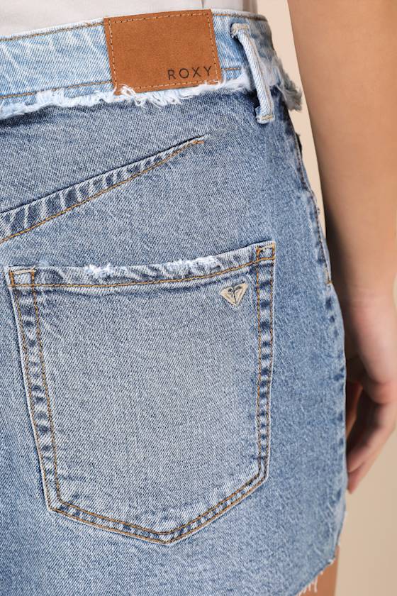 Roxy Sereia Medium Wash Split Denim Distressed Mini Skirt In Blue