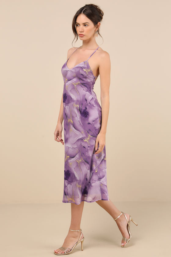 Lulus Bright Charm Purple Abstract Print Chiffon Slip Midi Dress In Purple