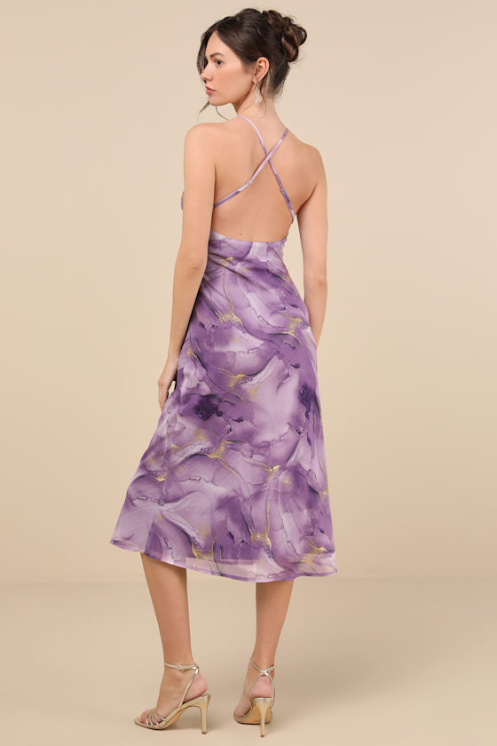 Lulus Bright Charm Purple Abstract Print Chiffon Slip Midi Dress In Purple