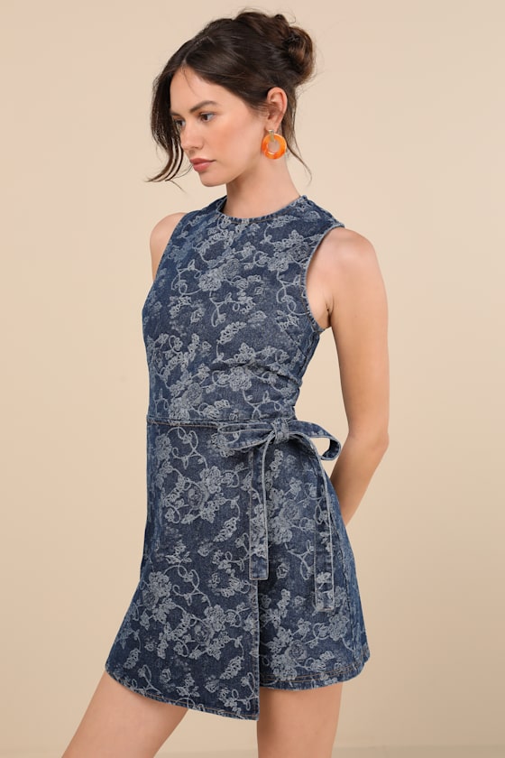 Dark Wash Denim Dress - Mini Wrap Dress - Floral Denim