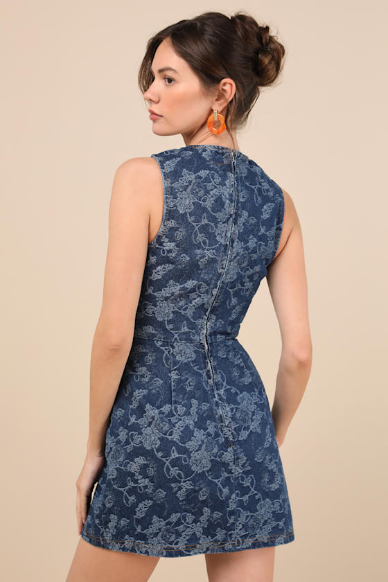 Dark Wash Denim Dress - Mini Wrap Dress - Floral Denim Dark Wash Denim Dress - Mini Wrap Dress - Floral Denim