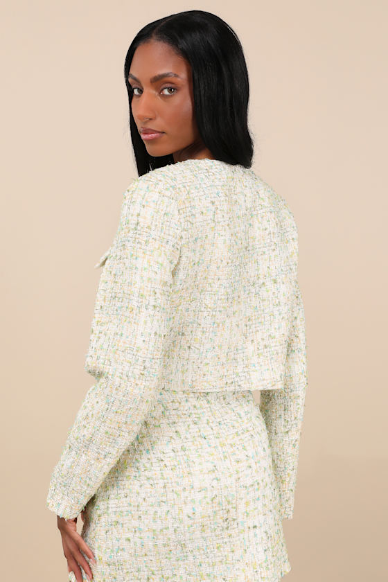 Lulus Carlena Green Tweed Rhinestone Button-front Blazer In Green