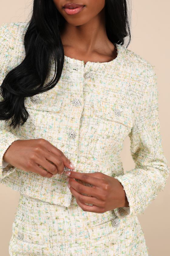 Lulus Carlena Green Tweed Rhinestone Button-front Blazer In Green