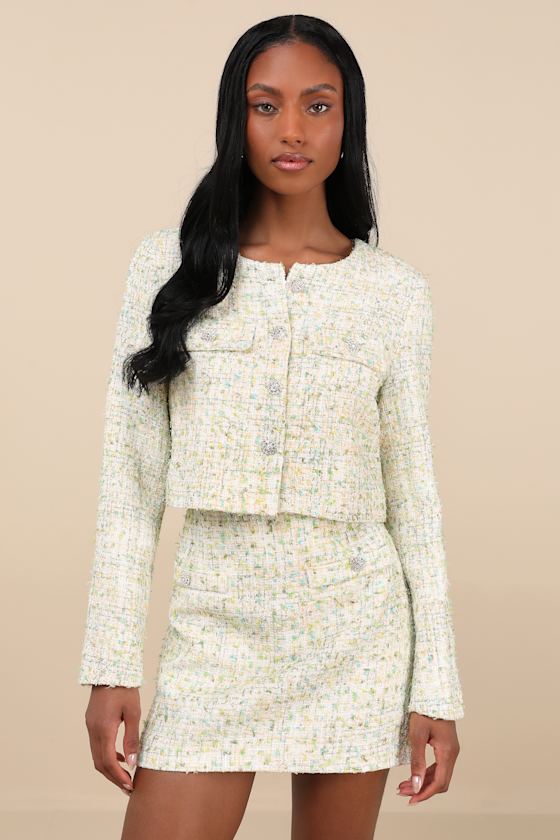 Lulus Carlena Green Tweed Rhinestone High-rise Mini Skirt