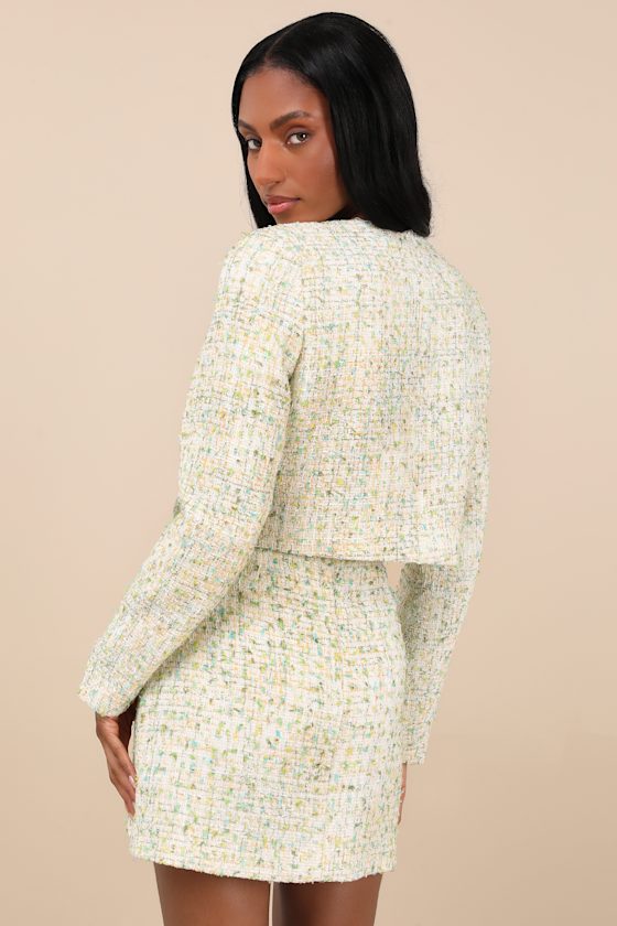 Lulus Carlena Green Tweed Rhinestone High-rise Mini Skirt In Green