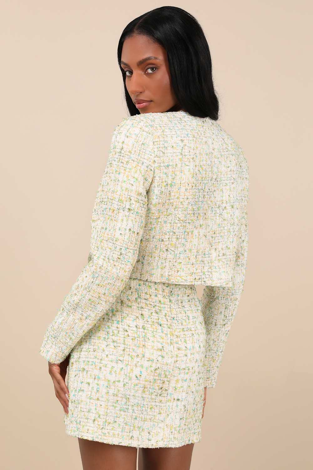 Carlena Green Tweed Rhinestone High-Rise Mini Skirt