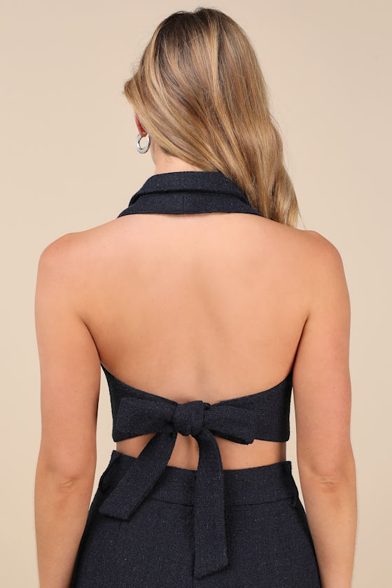 Lulus Looking Posh Navy Tweed Backless Cropped Halter Vest Top In Navy
